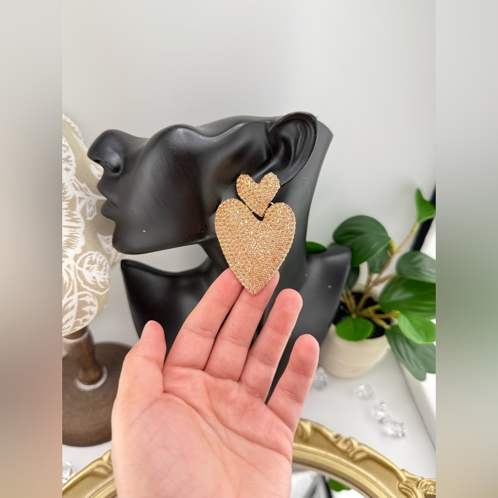 Statement Heart Earrings | Champagne Gold-Tone Rhinestone Drop Dangles - Picture 11 of 11